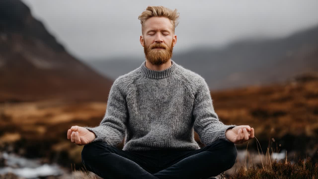 A Serene Journey of Mindfulness: A Man in Sweatshirt Meditating Peacefully in a Tranquil Outdoor Landscape Surrounded by Nature's Beauty and Calmness