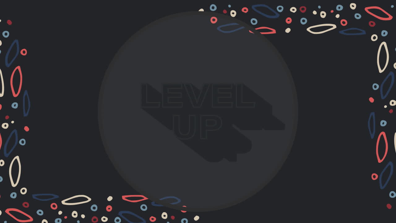 Animation of level up text over shapes on black background