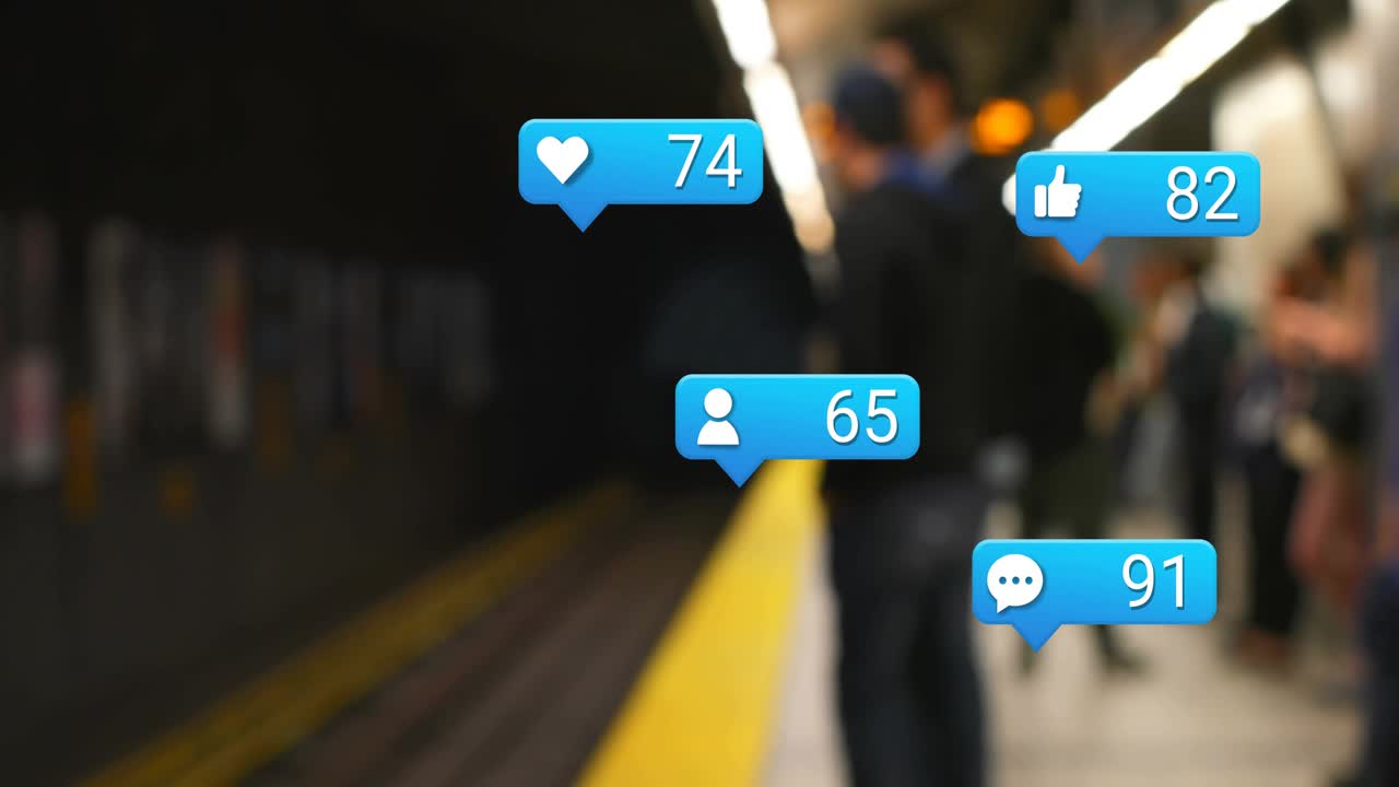 Blue notification appearing, bubbles floating and growing at subway station, showing growth