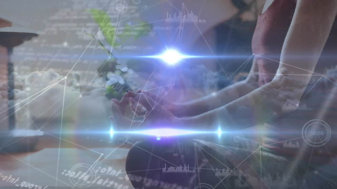 데이터 처리의 애니메이션과 요가를 하는 여성 위에 반 ⁇ 이는 빛