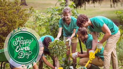 animation of happy earth day text and globe logo over happy people planting tree