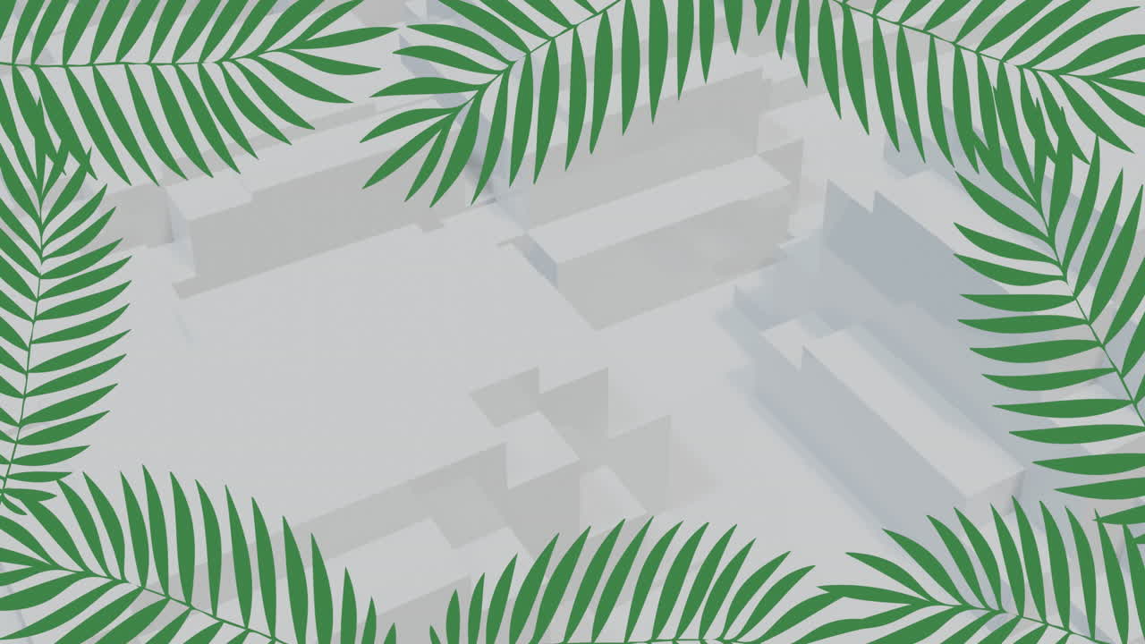 Animation of green tropical plants over shapes on white background