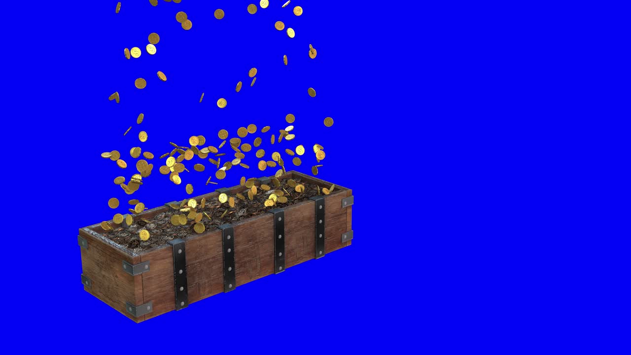 Gold Coins Falling into a Wooden Chest