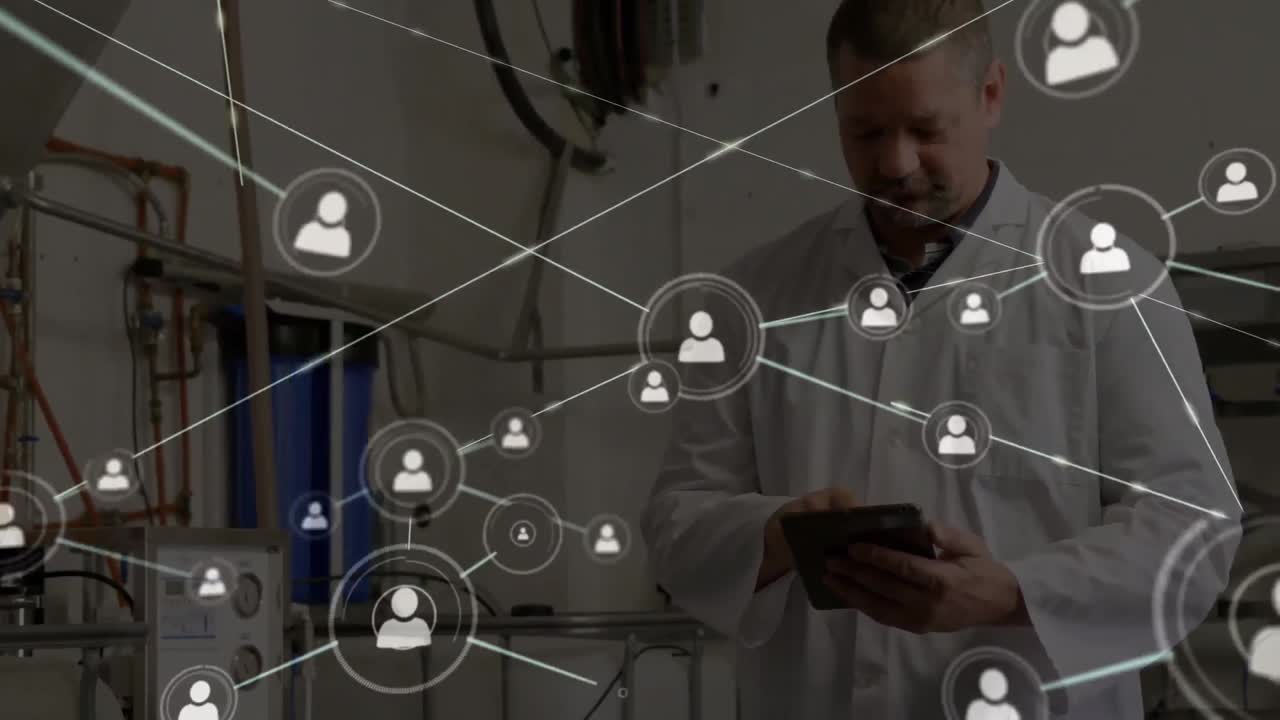 Animation of network of connections with icons over caucasian male doctor