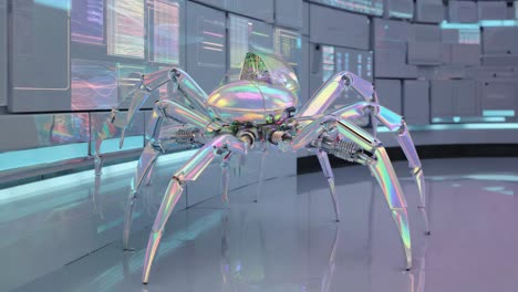 futuristic iridescent robotic spider in a high-tech environment