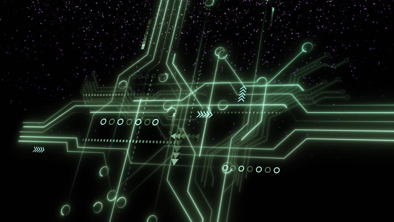 Faint neon green circuit pattern appearing on starfield forming pathways indicating data movement