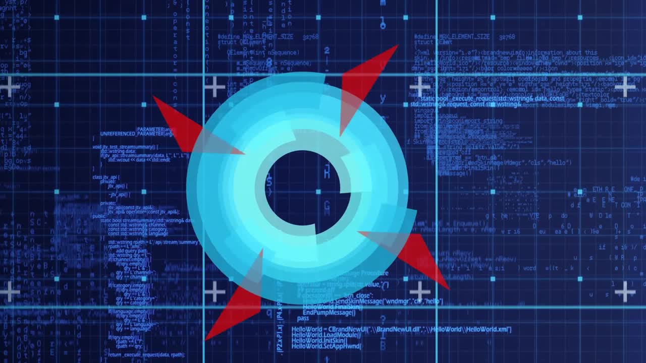 빨간 점 위의 범위 스캔과 파란색 배경의 데이터 처리 애니메이션