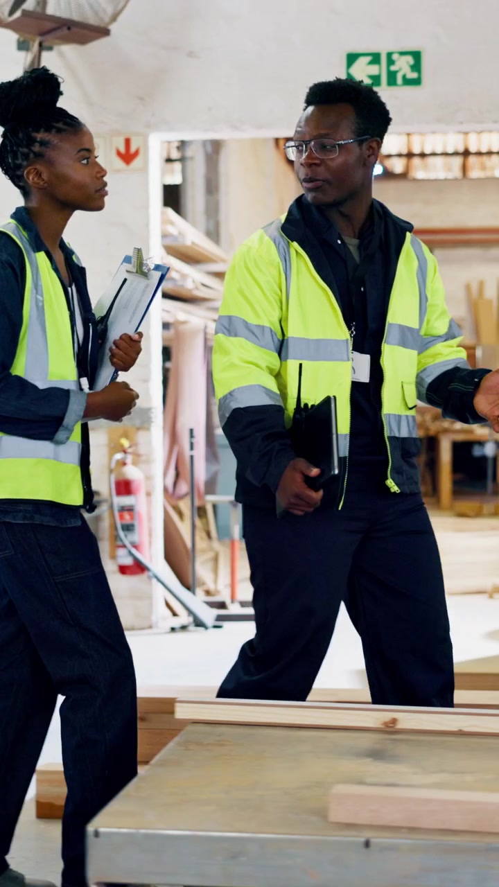 Two Workers Discussing Project in a Woodworking Workshop