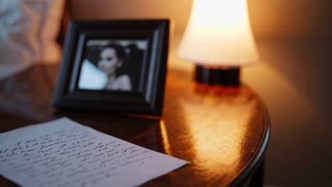 sentimental letter and photo on a nightstand