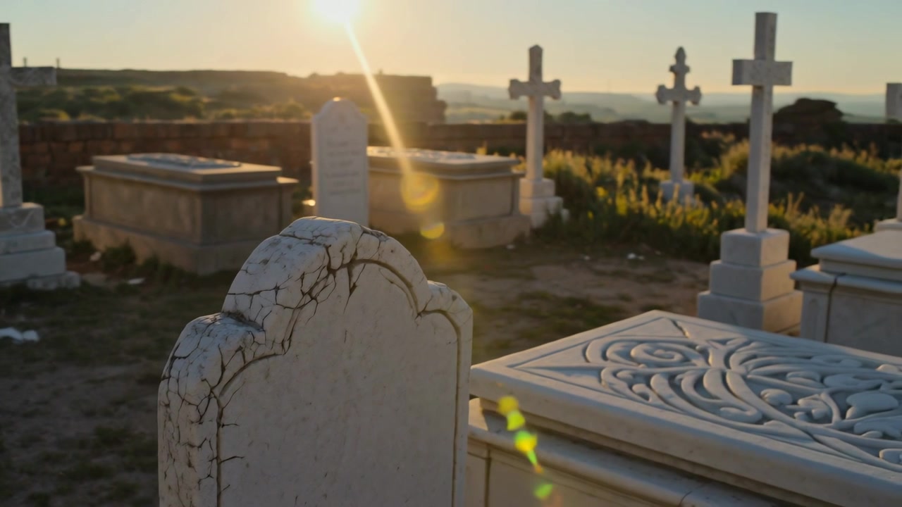 La telecamera panoramica rivela una lapide ad arco incrinata lasciata in un cimitero, con coperchio della tomba intagliato e croci