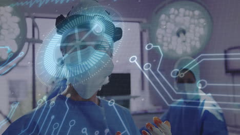 Lead surgeon operating in medical OR, wearing surgical gloves and displaying AR interface overlays