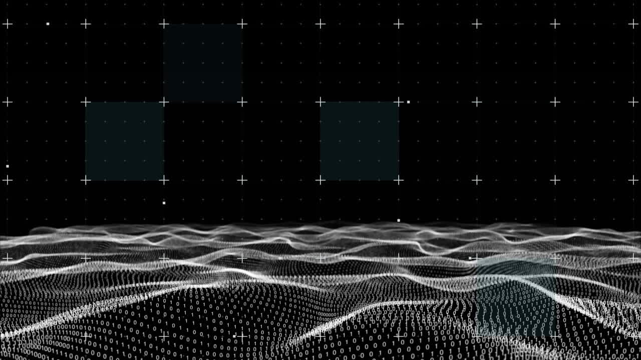 Animation of flickering blue squares with markers and waving mesh on black background