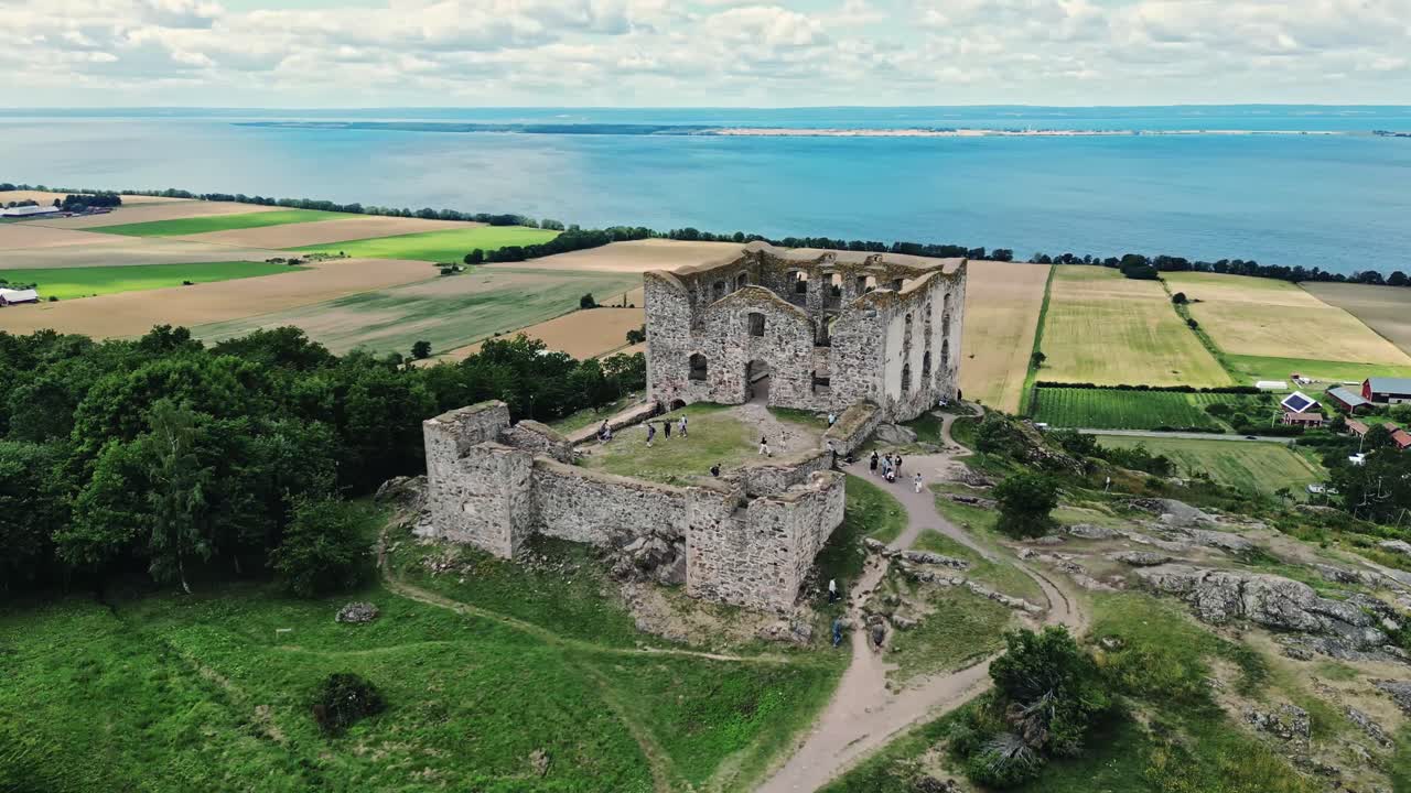 Aerial of the Brahehus Castle, a stone castle built in the 1600s, Sm&aring;land, Sweden