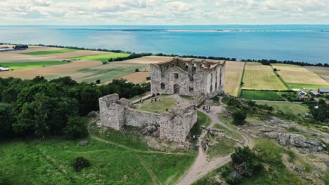 aerial of the brahehus castle, a stone castle built in the 1600s, småland, sweden