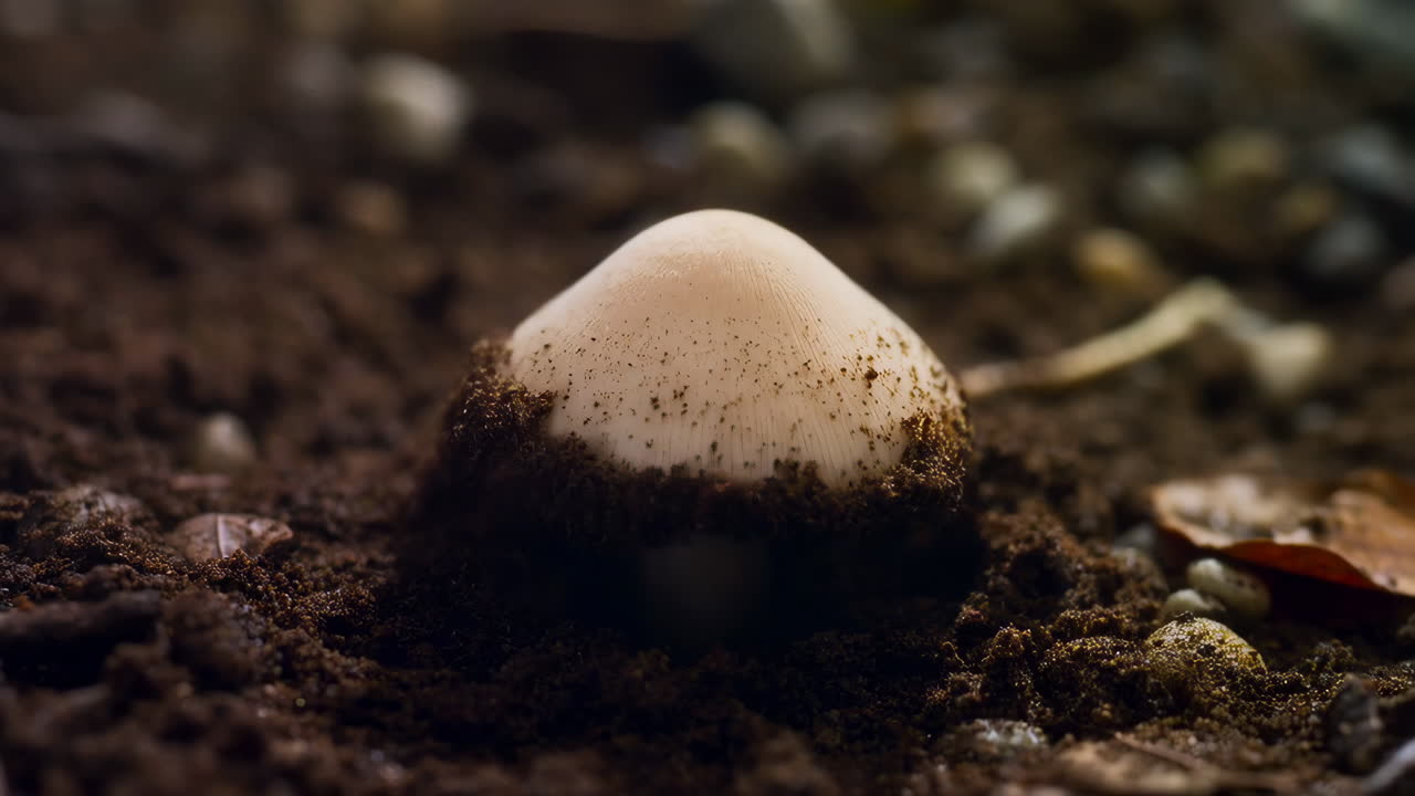 A small mushroom emerges from the soil