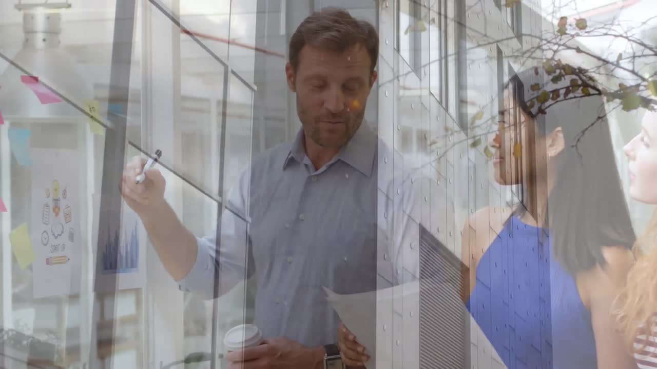 animación de un edificio de oficinas sobre personas de negocios hablando en una oficina moderna