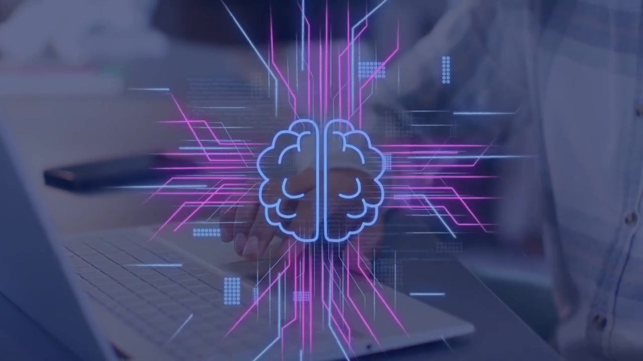 Laptop operator moving hand on trackpad, AI overlay responding to hand, brain icon and code pulsing