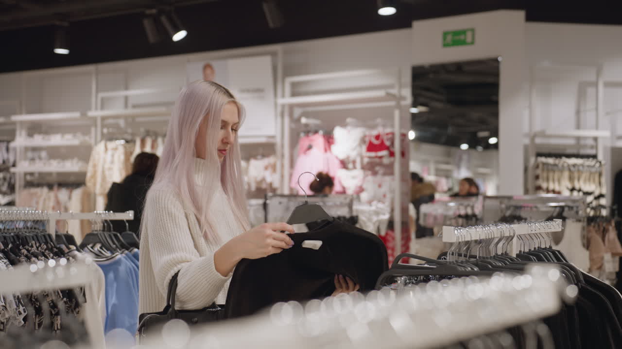 Sophisticated shopper holding black polo on hanger returns it to rack in bright boutique, browsing neutral garments under warm spotlights while carrying chic leather handbag and evaluating texture