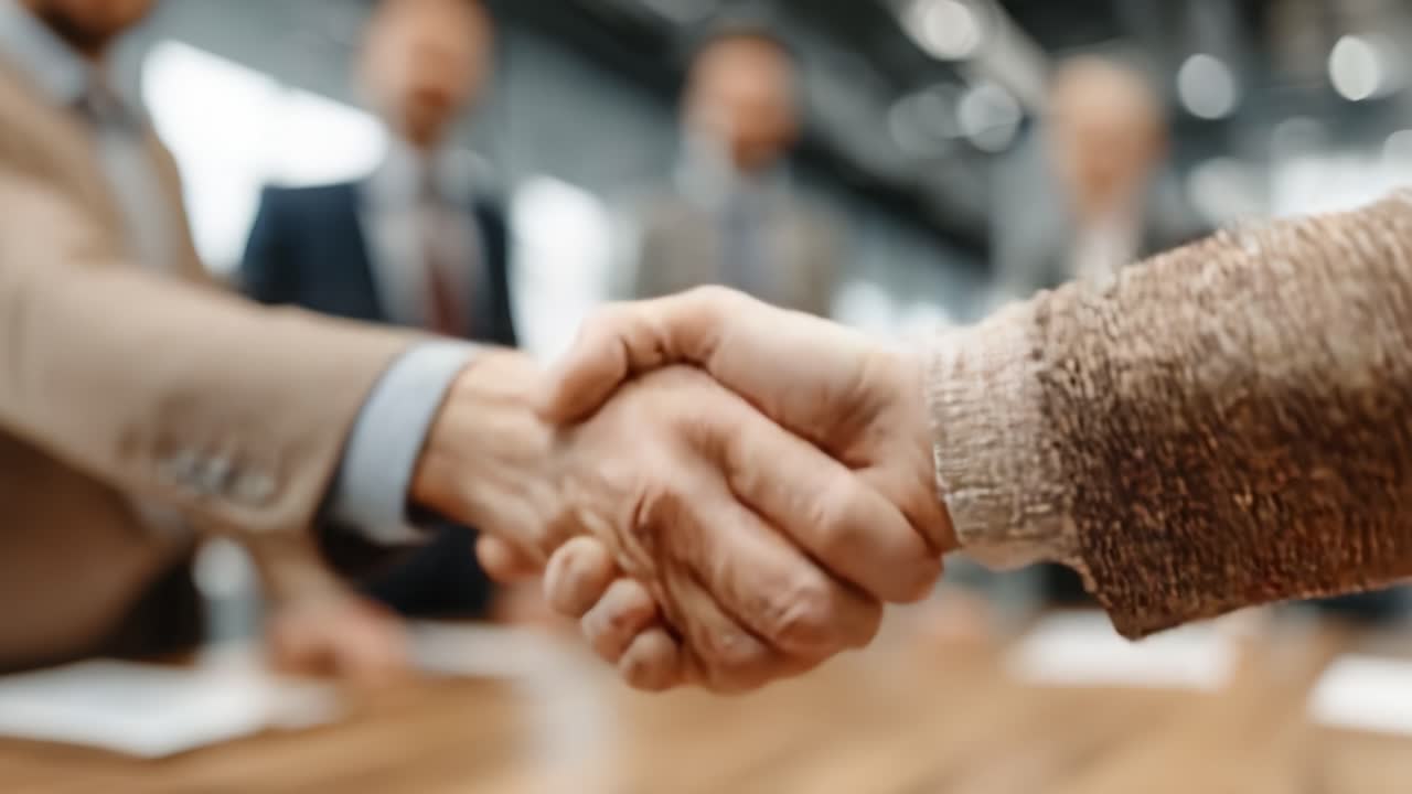 Successful Negotiation: A Close-up View of a Firm Handshake Between Business Partners Signifying Agreement and Collaboration in a Professional Setting