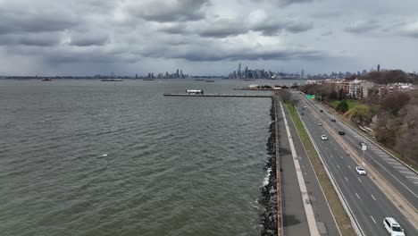 an aerial view over the waters of upper bay in brooklyn ny