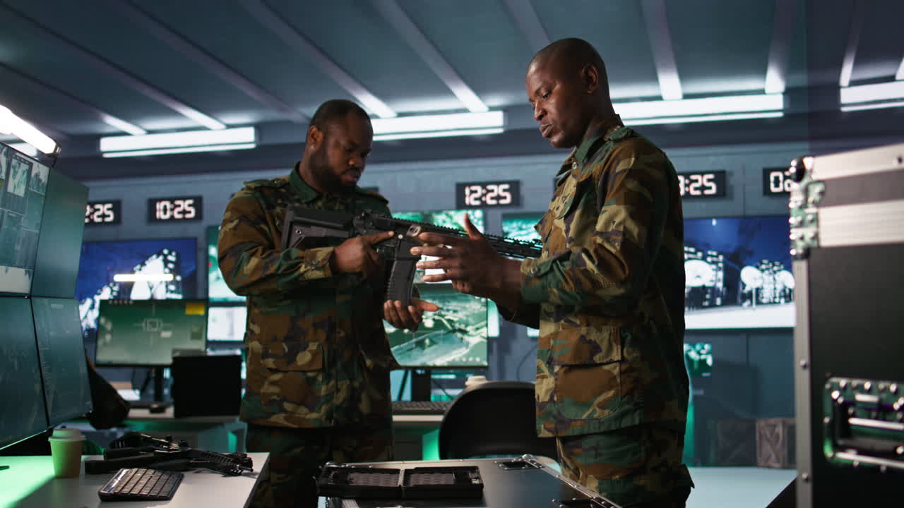 primer plano de una unidad militar en el centro de mando empacando una pistola