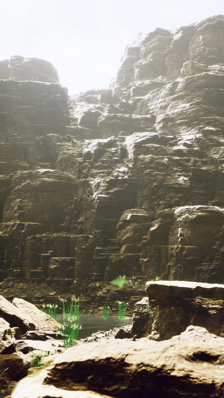 Rocky landscape with lush greenery and calm water in daylight