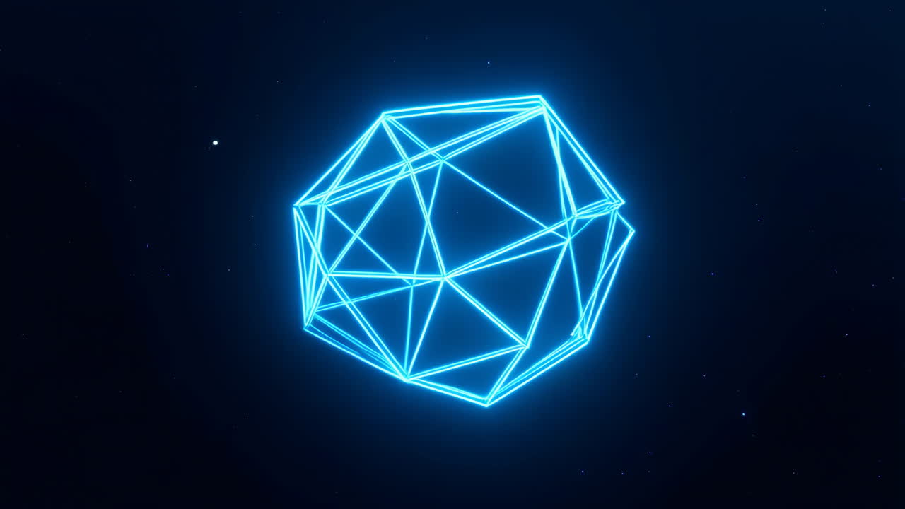 Abstract Glowing Blue Geometric Shape Rotating in Space