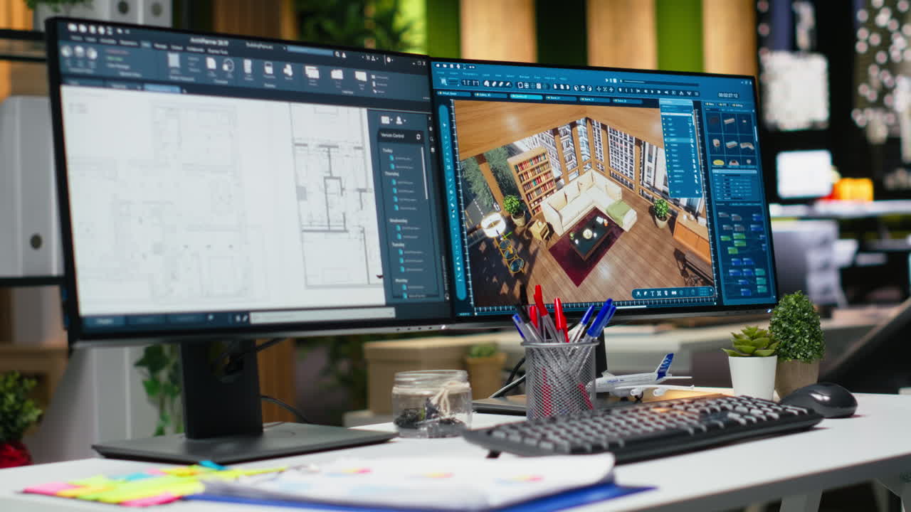 Modern architecture workspace featuring dual monitors with 3D rendering software