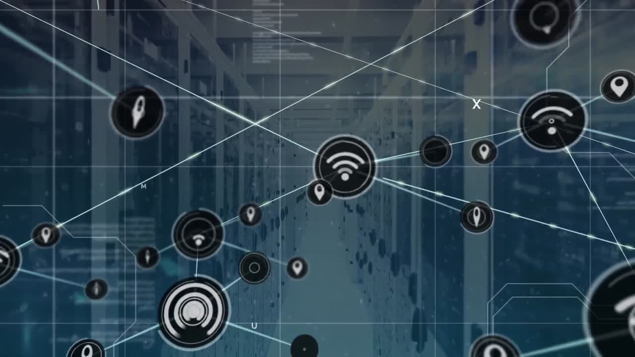 Animation of network of digital icons and interface with data processing against server room