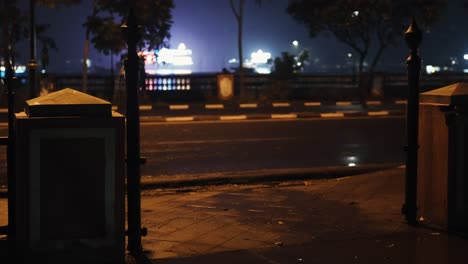 Pedestrian-woman-walks-busy-street-with-cars-at-night,-turns-to-left-playfully