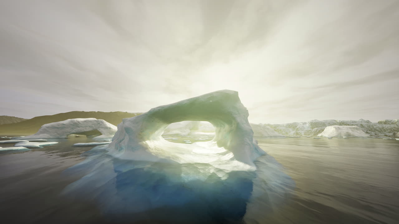Dramatic ice arch formation reflecting sunlight in a tranquil coastal landscape