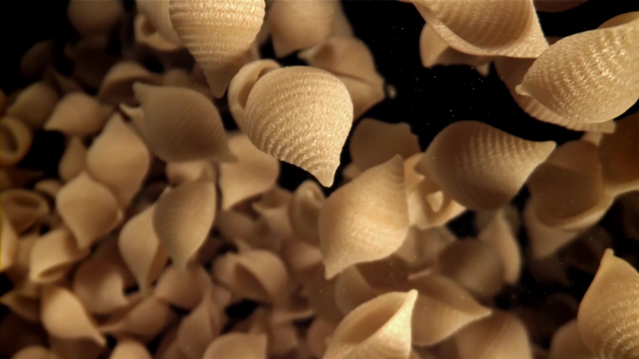 Pasta conchiglie cruda che cade al rallentatore