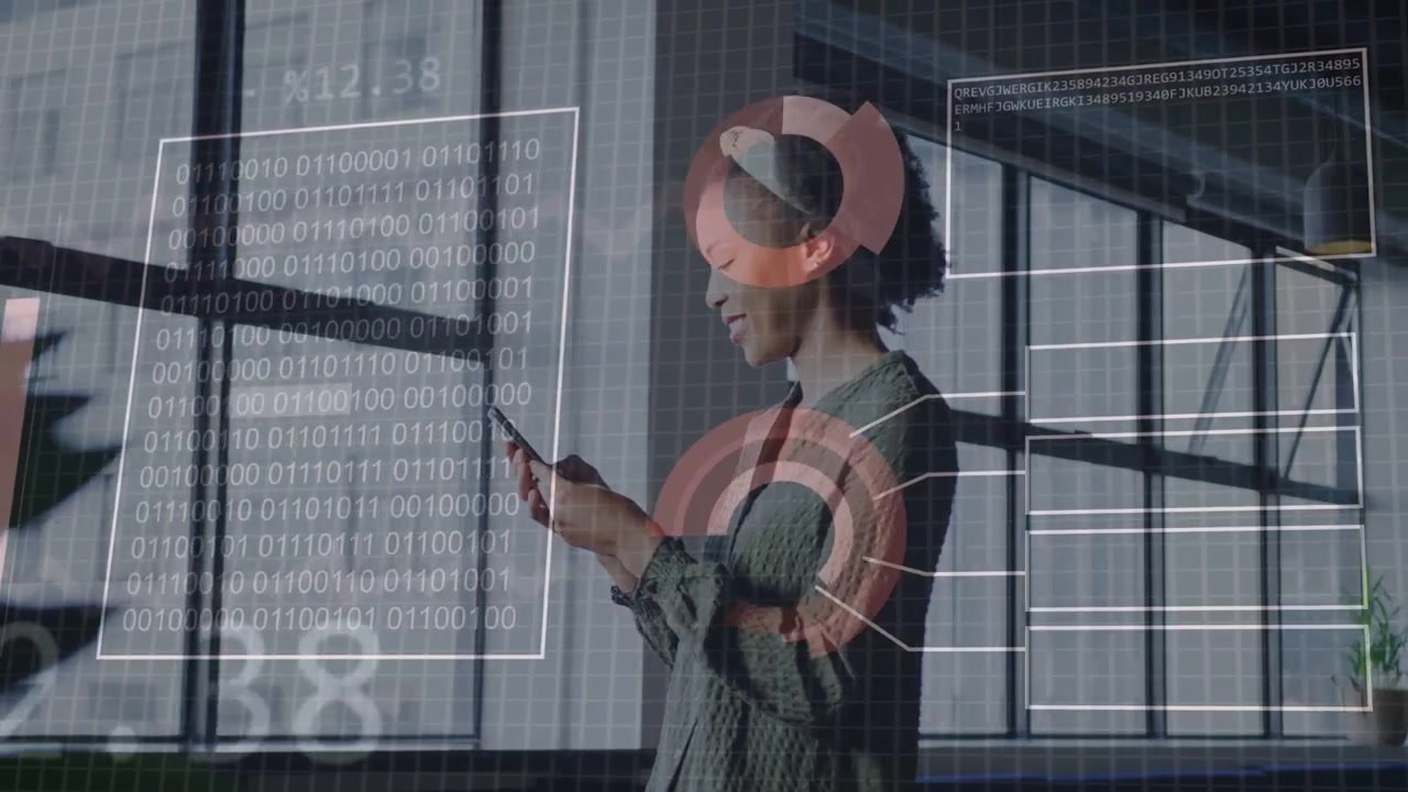 Woman beside metal windows glancing at phone, scrolling, analyzing tech data as HUD charts morphing