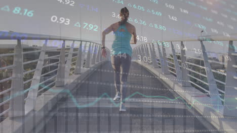 animation of financial data processing over caucasian woman running