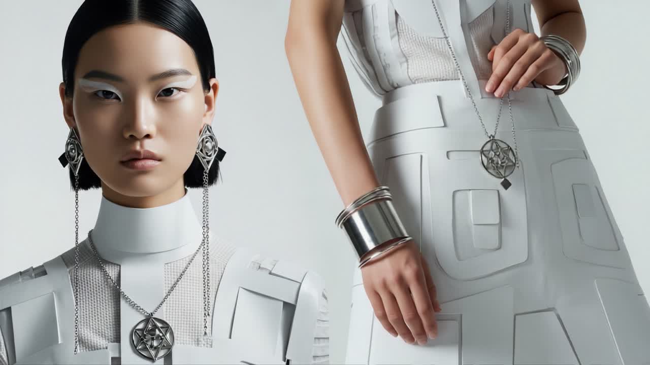 A Modern Fashion Showcase Featuring a Model in Futuristic White Attire Accessorized with Bold Jewelry in a Minimalist Setting