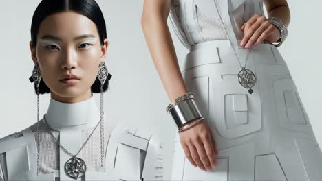 a modern fashion showcase featuring a model in futuristic white attire accessorized with bold jewelry in a minimalist setting