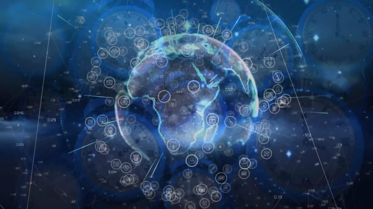 전 세계에 있는 아이콘과 연결된 네트워크의 애니메이션