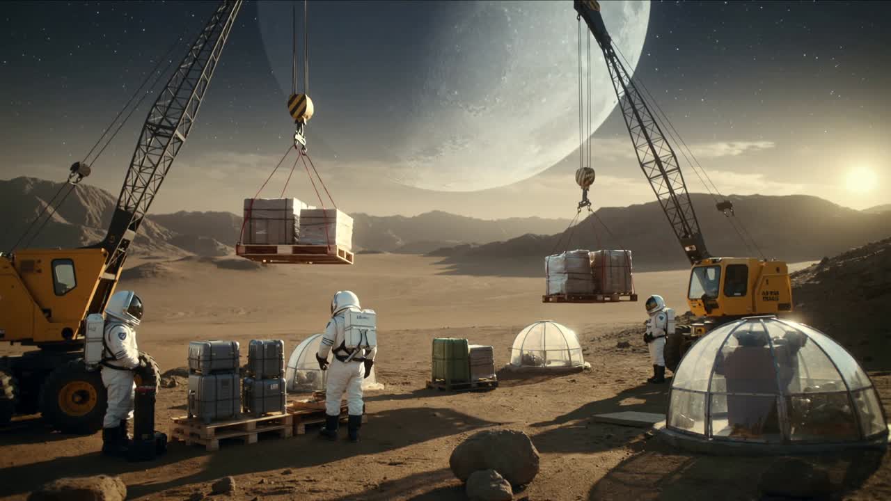 Reacting to crane lowering pallet, suited astronauts guiding cargo onto skids at outpost, domes
