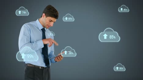 A-businessman-uploading-in-the-digital-cloud-4k