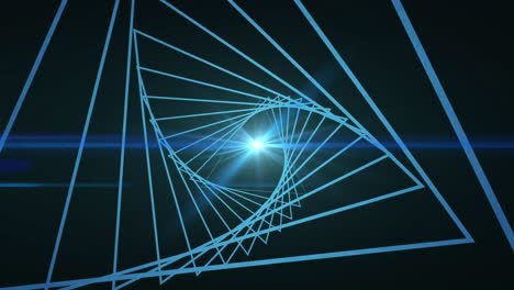 Animation-of-blue-glowing-neon-tunnel-spinning-on-back-background