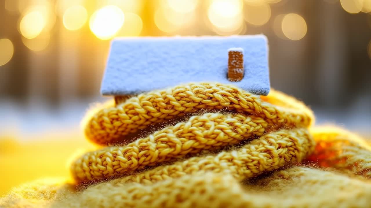 Mini house in yellow scarf. A small house sits warmly wrapped in a thick yellow scarf, glowing in the soft sunlight of a winter afternoon.