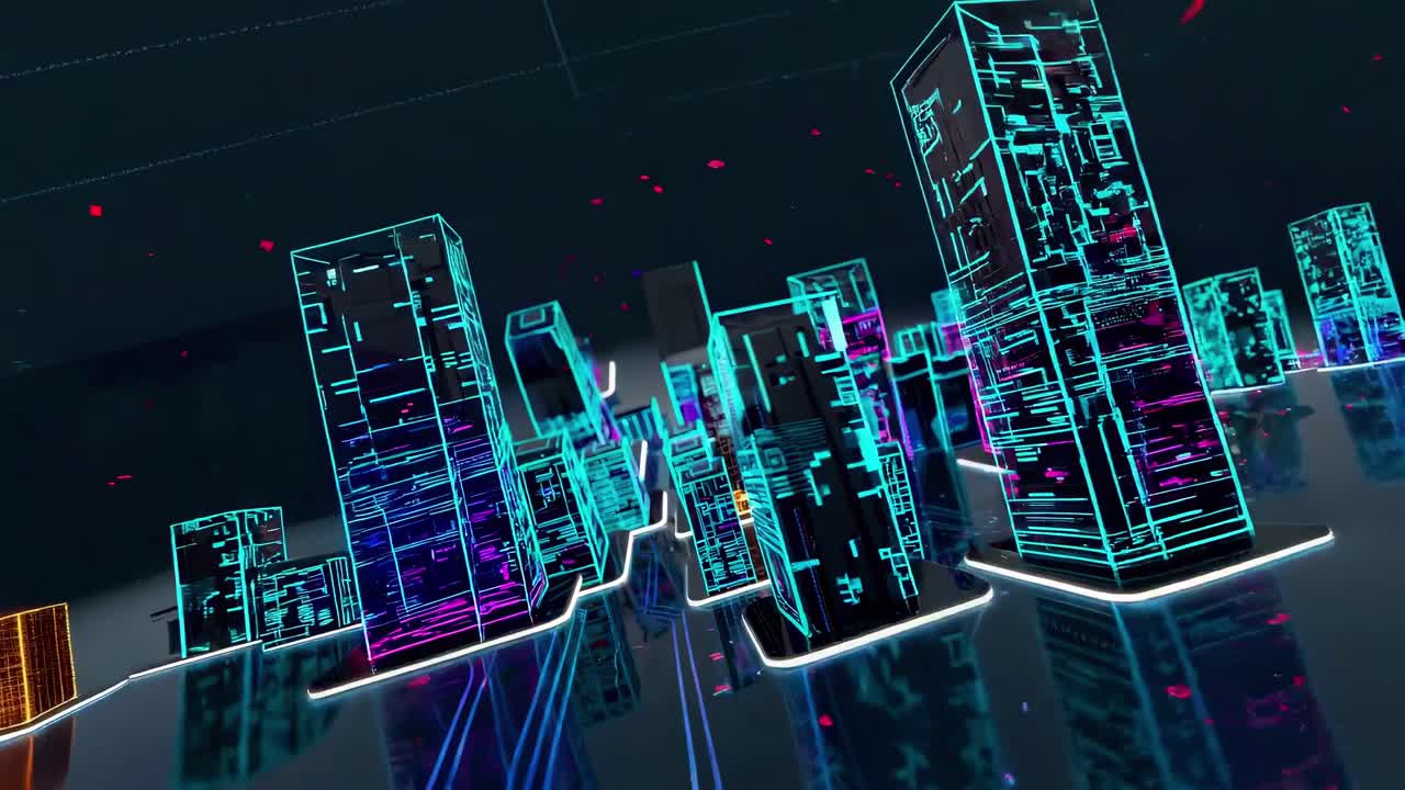 Experience a vibrant digital cityscape coming to life with neon colors and futuristic architecture in this immersive visual journey