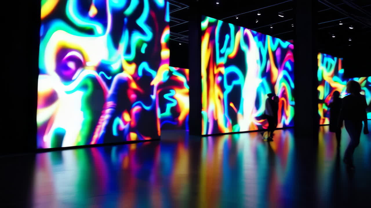 People interacting with vibrant abstract digital art in an immersive exhibition
