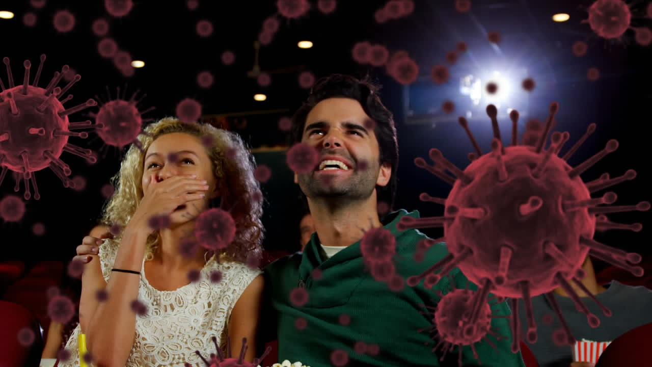 animación de células de covid 19 sobre personas en el cine