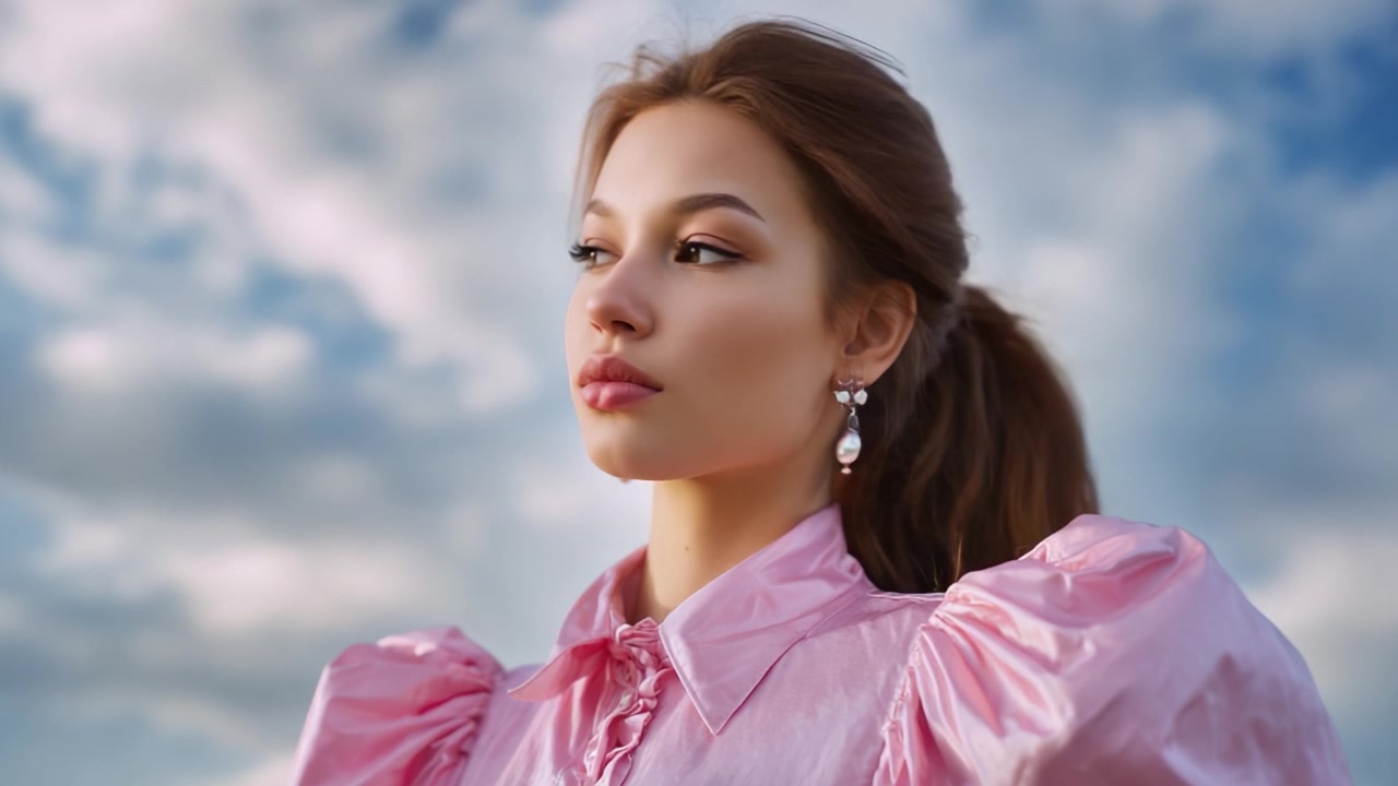 Una donna elegante in camicetta rosa che posa elegantemente contro un cielo nuvoloso, sottolineando bellezza naturale, stile e compostezza in un'ambientazione esterna serena.