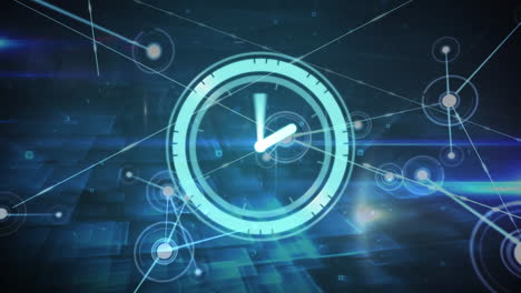 animación de la red de conexiones con iconos sobre el reloj y rastros de luz sobre fondo negro