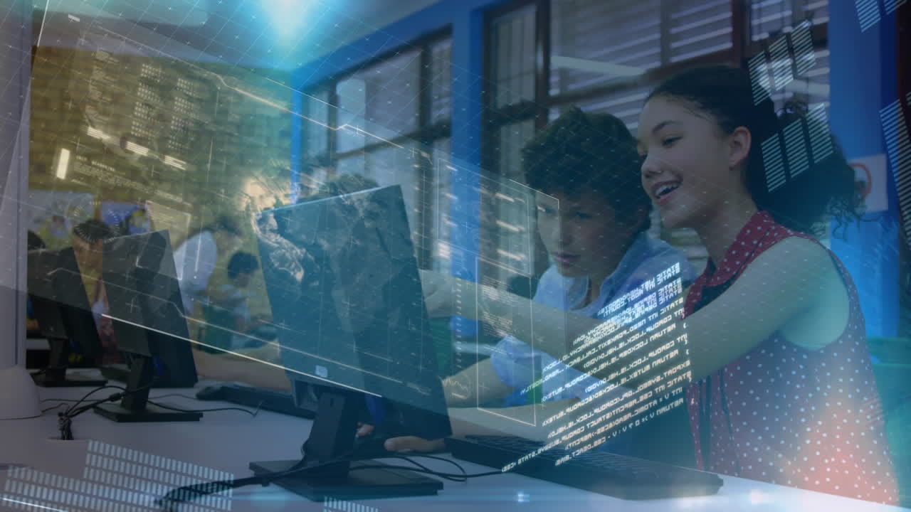 los niños conversan en la escuela usando computadoras con interfaces digitales para la educación.