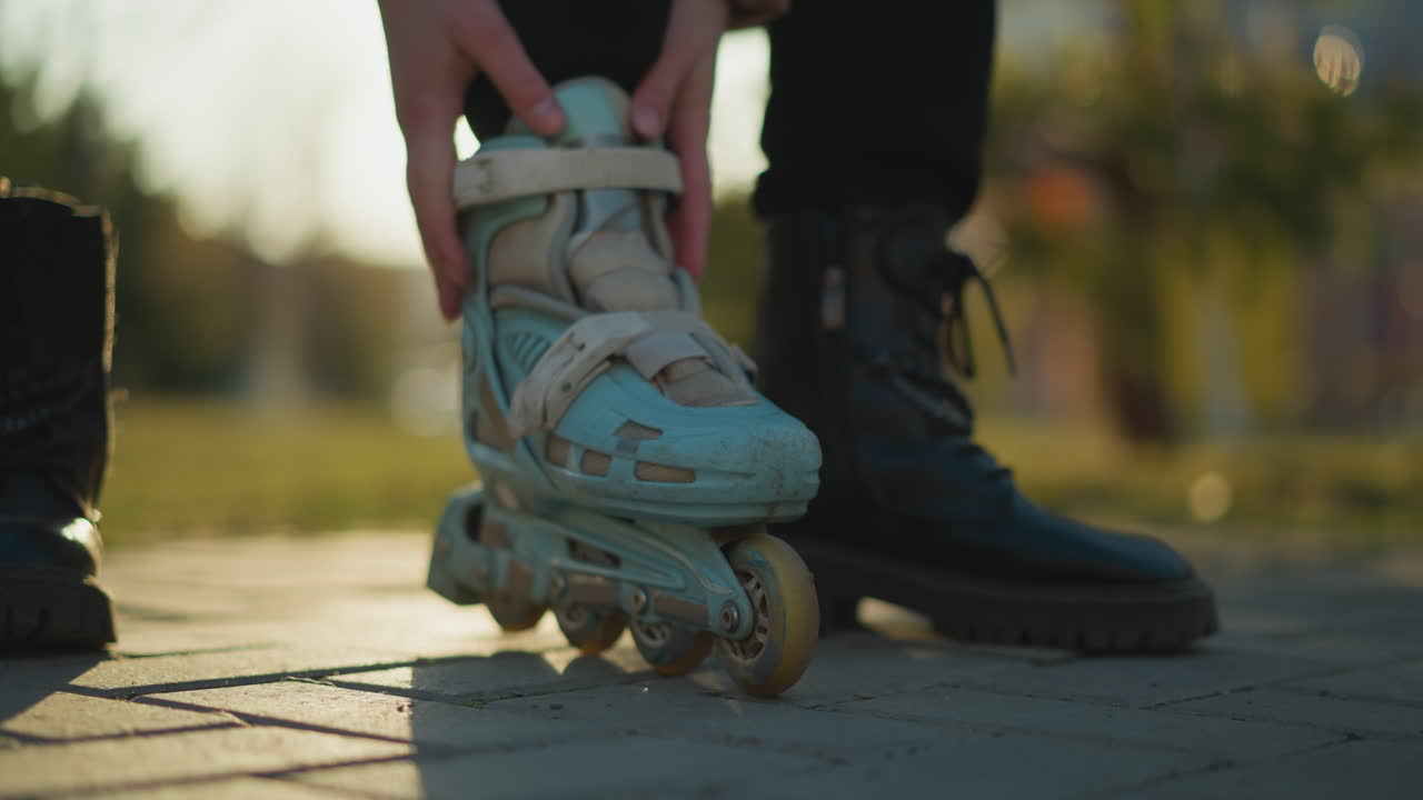Close-up shot of a person sitting in a park, fastening the straps of a light blue rollerblade on one foot while the other leg is still wearing a black boot