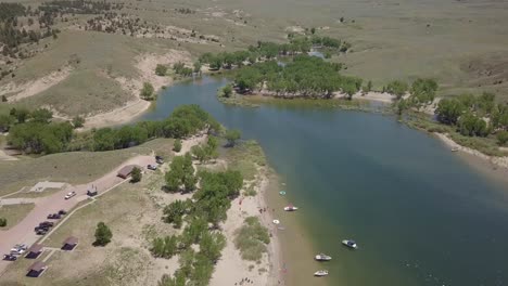 Aerial-shot-of-hills-and-beach-Glendo-Wyoming