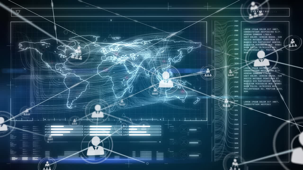 Animation of network of connections and data processing over world map